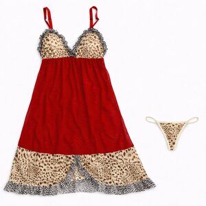 Sheer Mesh Babydoll w/ G-String | Red & Leopard | One Size